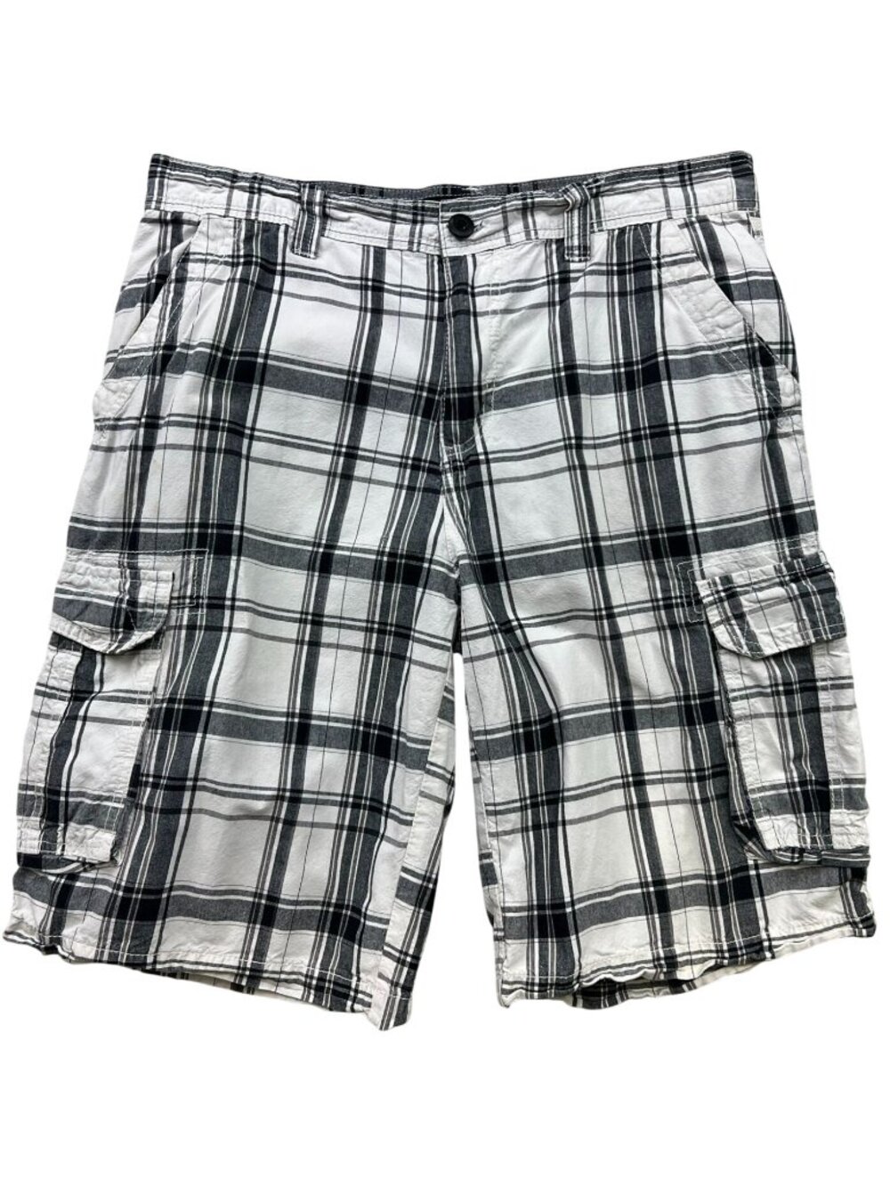 Carbon Men's Cotton Cargo Shorts Flat Front Size W34 White Gray Plaid Pockets